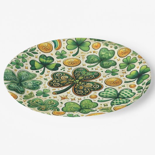 St. Patrick's Day Kleeblatt and Gold Pattern Pappteller (Schrägansicht)
