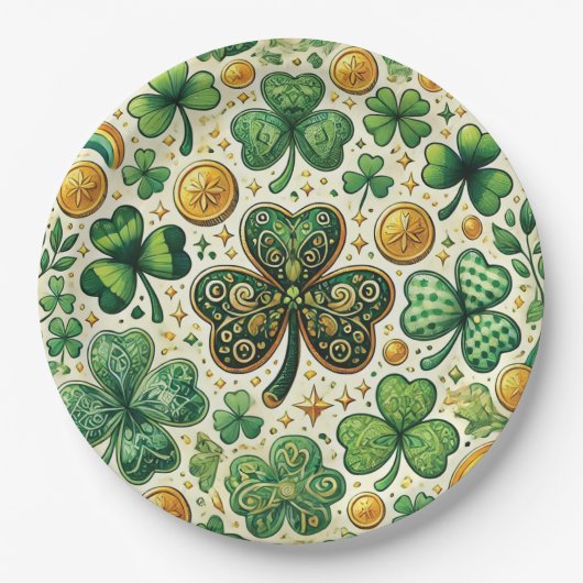St. Patrick's Day Kleeblatt and Gold Pattern Pappteller (Vorderseite)