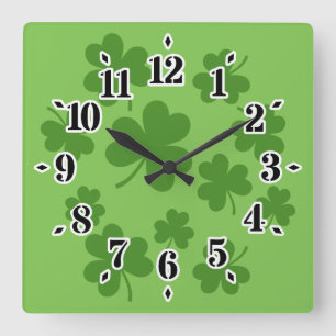 St Patrick's Day Kleeblatt Clover Pattern Quadratische Wanduhr