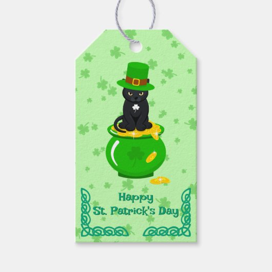 St. Patrick's Day Kleeblatt Pot of Gold Black Cat Geschenkanhänger (Vorderseite)