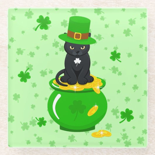 St. Patrick's Day Kleeblatt Pot of Gold Black Cat Glasuntersetzer (Vorderseite)
