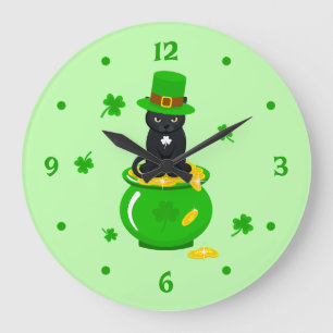 St. Patrick's Day Kleeblatt Pot of Gold Black Cat Große Wanduhr