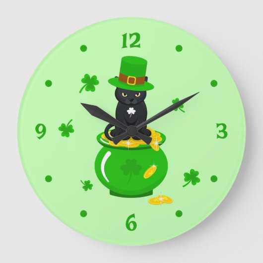 St. Patrick's Day Kleeblatt Pot of Gold Black Cat Große Wanduhr (Vorderseite)