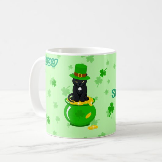 St. Patrick's Day Kleeblatt Pot of Gold Black Cat Kaffeetasse (Vorderseite Links)