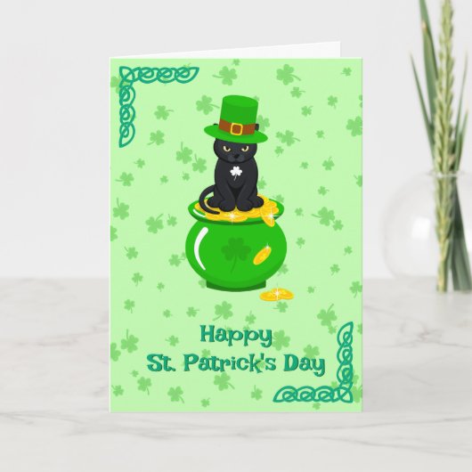 St. Patrick's Day Kleeblatt Pot of Gold Black Cat Karte (Vorderseite)