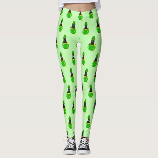 St. Patrick's Day Kleeblatt Pot of Gold Black Cat Leggings (Vorderseite)