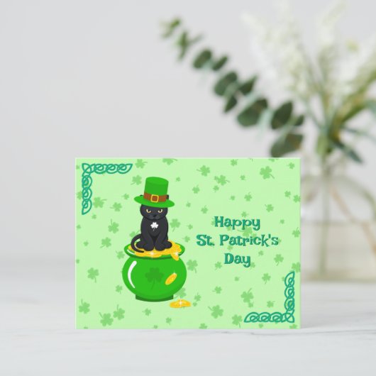 St. Patrick's Day Kleeblatt Pot of Gold Black Cat Postkarte (Stehend Vorderseite)