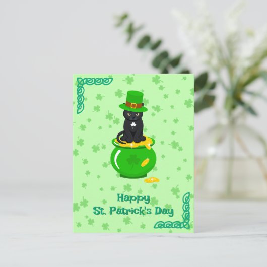 St. Patrick's Day Kleeblatt Pot of Gold Black Cat Postkarte (Stehend Vorderseite)