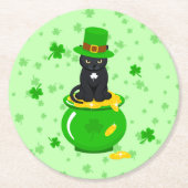 St. Patrick's Day Kleeblatt Pot of Gold Black Cat Runder Pappuntersetzer (Vorderseite)