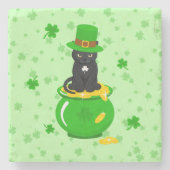 St. Patrick's Day Kleeblatt Pot of Gold Black Cat Steinuntersetzer (Vorderseite)