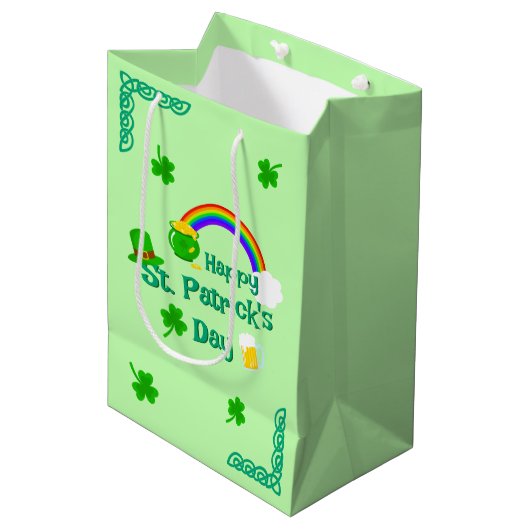 St. Patrick's Day Kleeblatt Pot of Gold Celtic Kno Mittlere Geschenktüte (Vorderseite Schrägansicht)