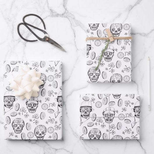 St Patricks Day Kleeblatt und Sugar Skull Geschenkpapier Set (Vorderseite)