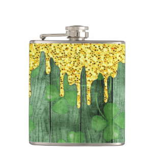 St. Patrick's Day Kleeblatts Glitzer Gold Tropfen Flachmann