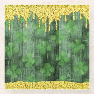 St. Patrick's Day Kleeblatts Glitzer Gold Tropfen Glasuntersetzer