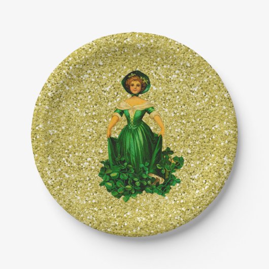 St Patricks Day Lady Green Gown Gold Imitate Glitz Pappteller (Vorderseite)