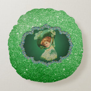 St Patricks Day Lady w/Hat GreenFrame FauxGlitter2 Rundes Kissen