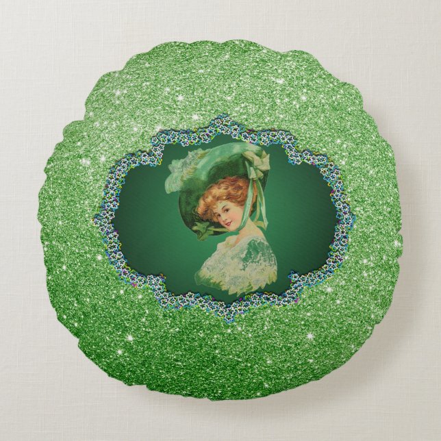 St Patricks Day Lady w/Hat GreenFrame FauxGlitter2 Rundes Kissen (Vorderseite)