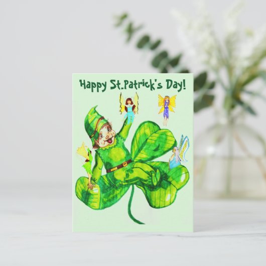 ST. PATRICK'S DAY LEPRECHAUN AND FARIES POSTKARTE (Stehend Vorderseite)