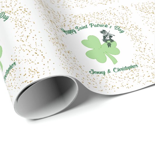 St. Patrick's Day Leprechaun & Kleeblatt mit Gold Geschenkpapier (Rolleneckpunkt)