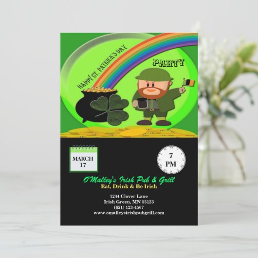St Patrick's Day Leprechaun, Pot of Gold, Kleeblat Einladung (Stehend Vorderseite)
