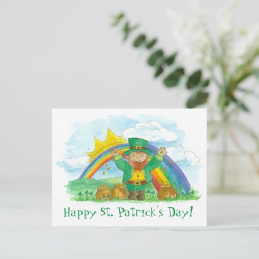 St. Patrick's Day Leprechaun Rainbow Pot of Gold Postkarte (Stehend Vorderseite)