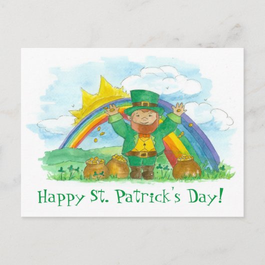 St. Patrick's Day Leprechaun Rainbow Pot of Gold Postkarte (Vorderseite)