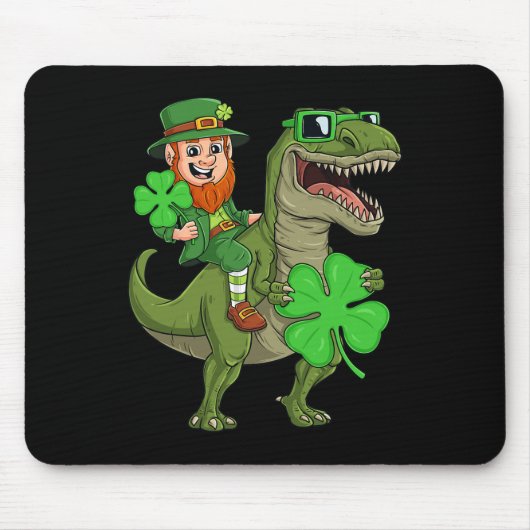 St Patricks Day Leprechaun Riding T Rex Fun Dino B Mousepad (Vorne)