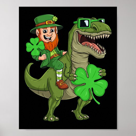 St Patricks Day Leprechaun Riding T Rex Fun Dino B Poster (Vorne)