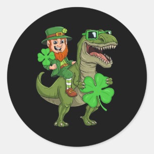 St Patricks Day Leprechaun Riding T Rex Fun Dino B Runder Aufkleber