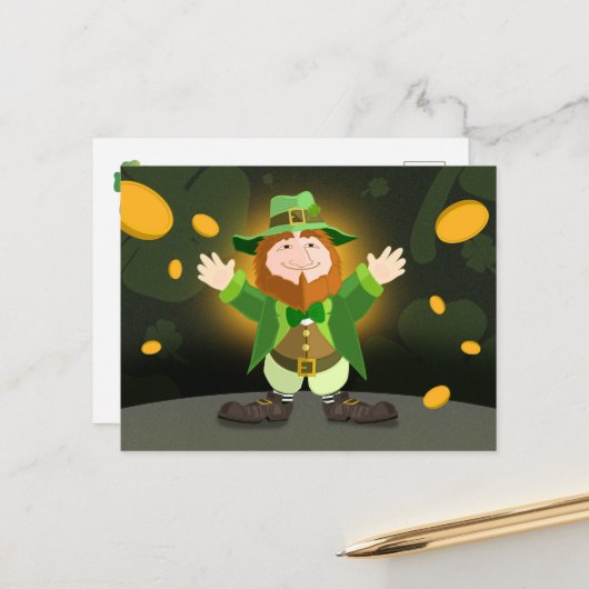 St. Patrick's Day Leprechaun und Gold Postkarte (Vorderseite/Rückseite Beispiel)