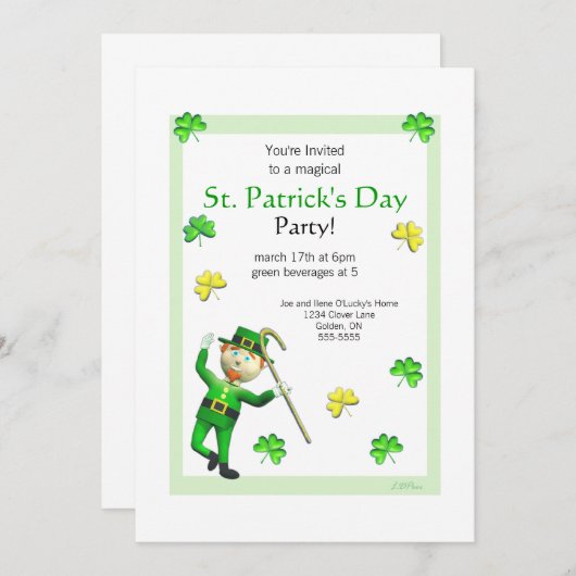 St. Patrick's Day Leprechaun und Kleeblatts Einladung (Vorne/Hinten)