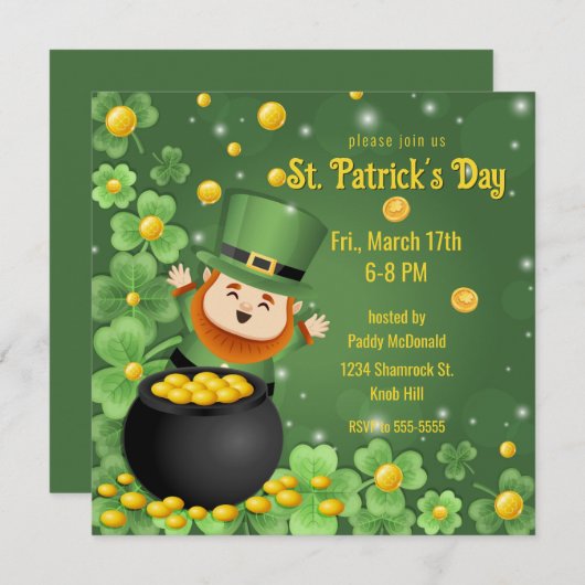 St. Patrick's Day Leprechauns Kleeblatt & Gold Einladung (Vorne/Hinten)