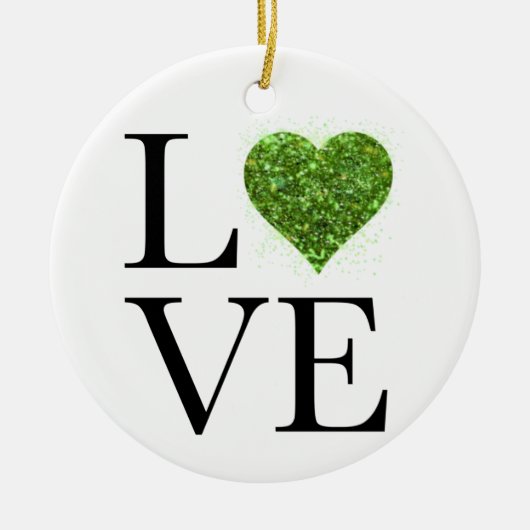 St. Patrick's Day | LIEBE | Grün glitzerndes Herz Keramik Ornament (Vorne)