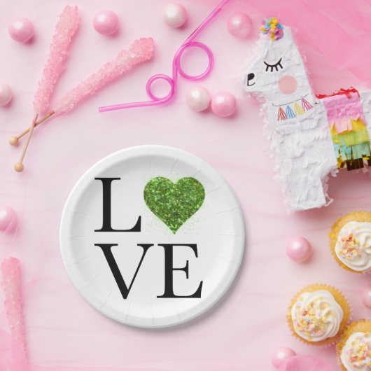 St. Patrick's Day | LIEBE | Grün glitzerndes Herz Pappteller (Party)