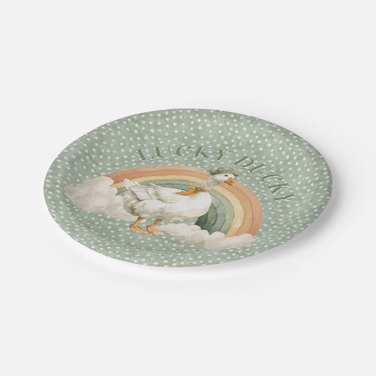  St Patrick's Day Lucky Ducky with Rainbow Pappteller (Schrägansicht)