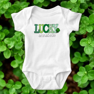 St. Patricks Day Lucky Green Letters Custom Baby Strampler