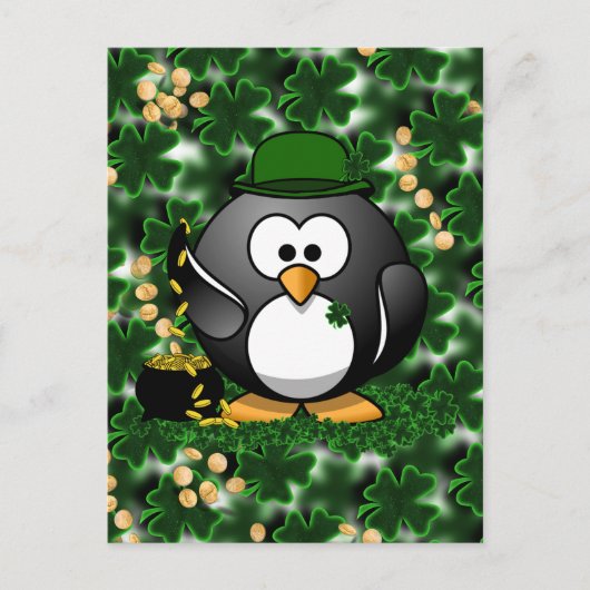 St. Patrick's Day Lucky Pinguin mit Pot Of Gold Postkarte (Vorderseite)