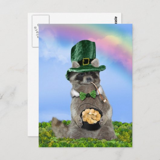St Patrick's Day - Lucky Raccoon Postkarte (Vorne/Hinten)