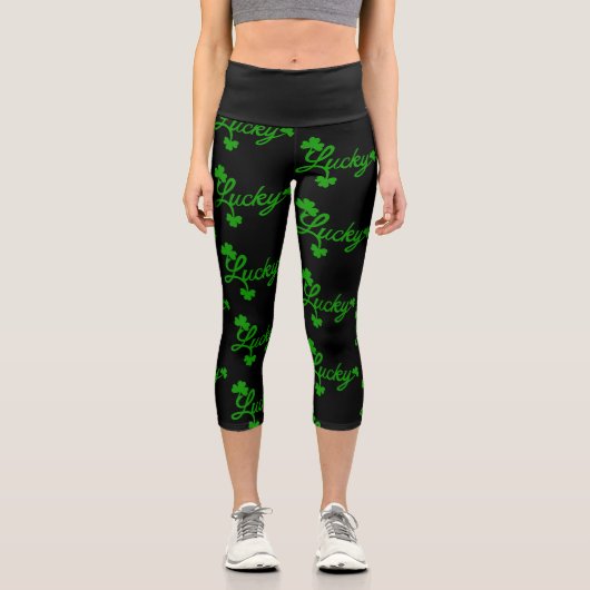 St, Patricks Day Lucky Shamrock Green Clover Leaf Capri Leggings (Vorderseite)