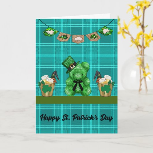 St. Patrick's Day mit grünem Bär und gelbem Bier Karte (Gelbe Blume)