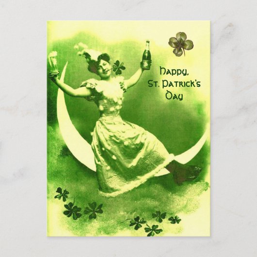 ST. PATRICK'S DAY MOON LADY MIT KLEEBLÄTTERN POSTKARTE (Vorderseite)