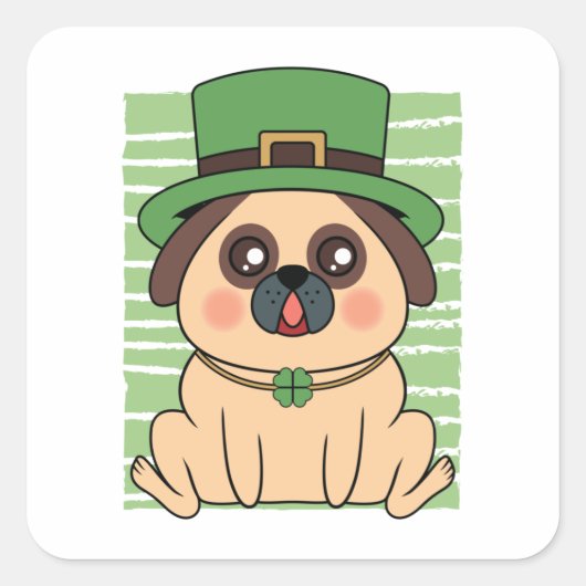 St. Patrick's Day Mops Dog Lucky Kleeblatt Quadratischer Aufkleber (Vorderseite)