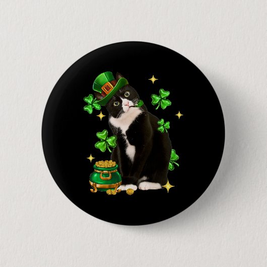 St Patricks Day Niedlich Tuxedo Cat Kleeblatt Iris Button (Vorderseite)