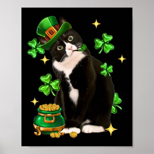 St Patricks Day Niedlich Tuxedo Cat Kleeblatt Iris Poster (Vorne)