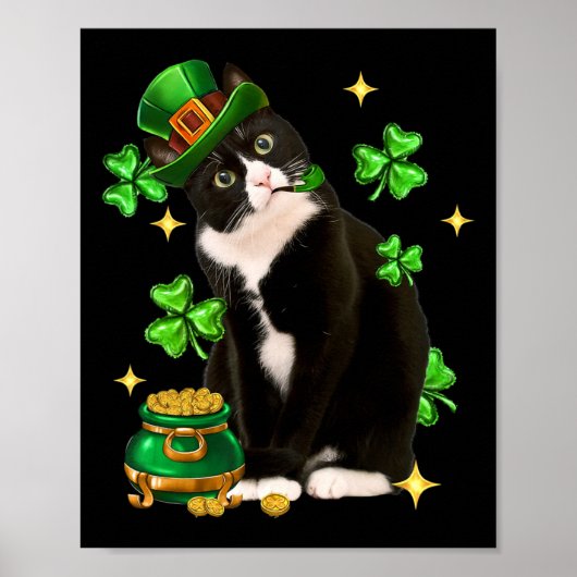 St Patricks Day Niedlich Tuxedo Cat Kleeblatt Iris Poster (Vorne)