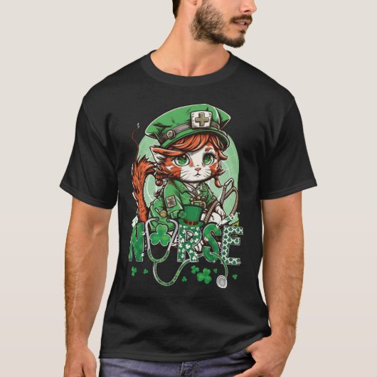 St Patricks Day Nurse Cat Leprechaun Lucky Green P T-Shirt (Vorderseite)