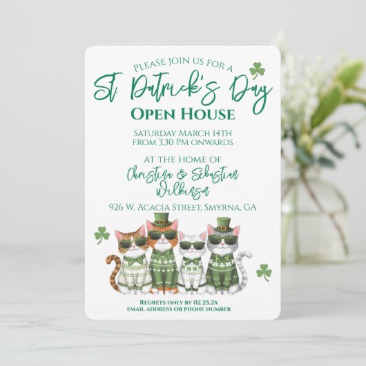 St Patrick's Day Open House Cats Einladung (Stehend Vorderseite)