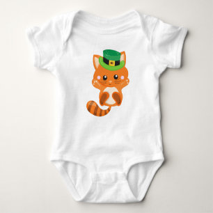 St. Patrick's Day, Orange Cat, Leprechaun Hat Baby Strampler