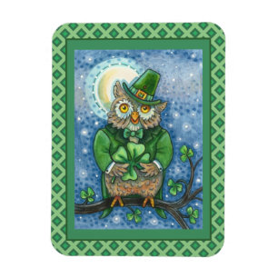 ST. PATRICK'S DAY OWL, 4 LEAF CLOVER LEPRECHAUN MAGNET