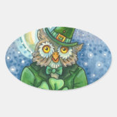 ST. PATRICK'S DAY OWL, 4 LEAF CLOVER LEPRECHAUN OVALER AUFKLEBER (Vorderseite)
